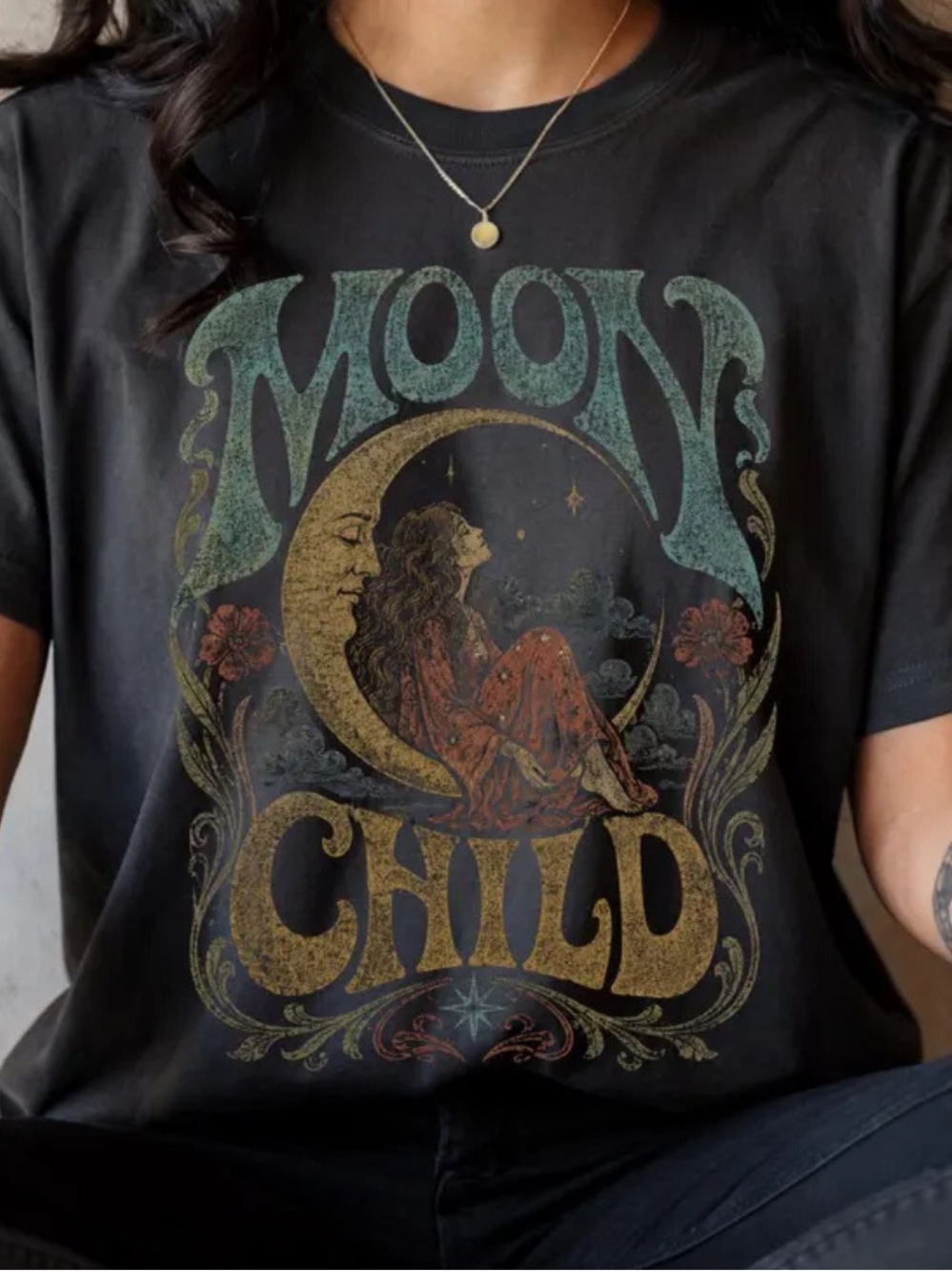 Comfort Colors Moon Child Graphic Tee - Black with Teal & Gold Art